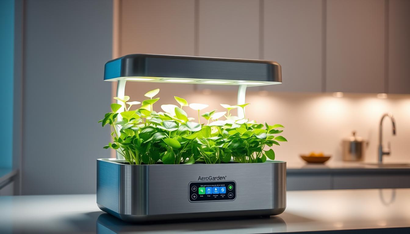 A sleek, modern AeroGarden Harvest Elite Pro Smart Garden set against a minimalist kitchen counter. The device is backlit, casting a soft glow on the surrounding area. Lush, verdant plants emerge from the self-watering, full-spectrum LED grow lights, their leaves gently swaying. The clean, brushed metal exterior reflects the overhead lighting, creating an air of sophistication. The display panel shows vibrant icons and information, guiding the user through the gardening process. A sense of effortless, automated indoor gardening pervades the scene, making it an inviting centerpiece for any contemporary kitchen.