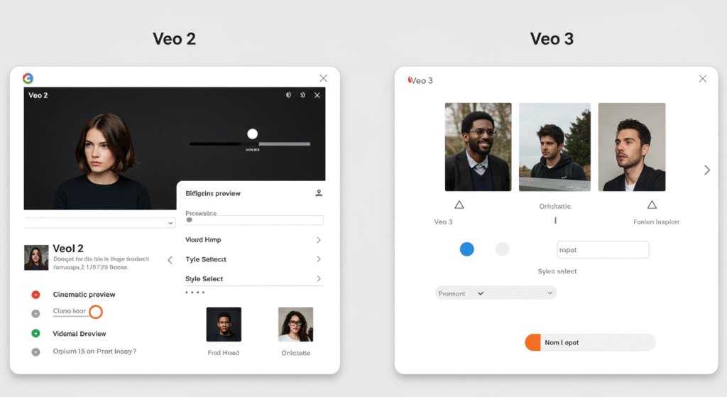 Side-by-side comparison of Google Veo 2 and Veo 3 interfaces highlighting the visual and feature upgrades