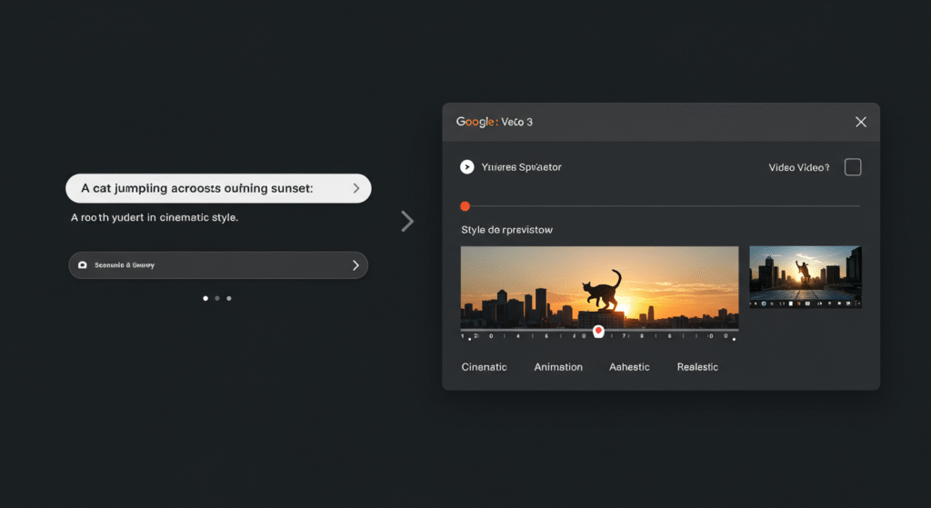 Google Veo 3 video editor interface showing a sample prompt and cinematic video preview with style selection menu.