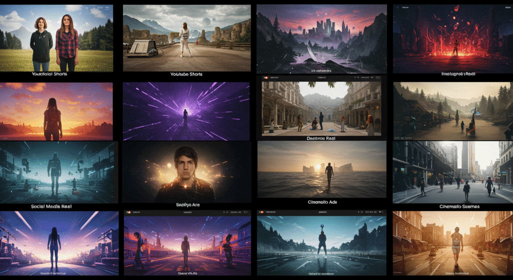 A colorful collage showing different types of video content created with Google Veo 3, including YouTube Shorts, social media reels, explainer videos, and cinematic ads